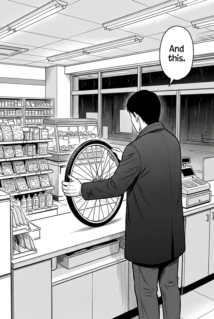 A man in a dark coat, seen from behind, stands at a store counter holding out a bicycle wheel to his right, with shelves of items and a window visible in the background.