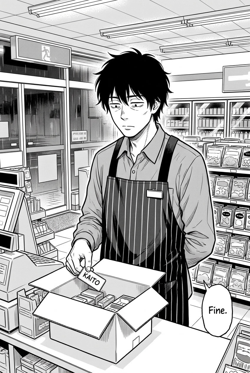 Kaito, a man with messy black hair and eyebags, wearing a striped apron, stands in a convenience store behind a counter, lowering his white name tag that reads KAITO into an open cardboard box, with a resigned expression on his face.