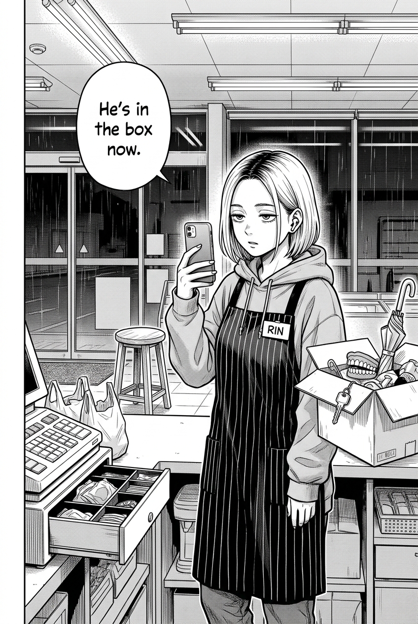 Rin, a young woman with a light bob haircut and dark roots, stands behind a counter in a convenience store, holding up her phone as if filming, and next to her is an open cardboard box containing a house key, dentures, and an umbrella, while rain falls outside the store's glass front.