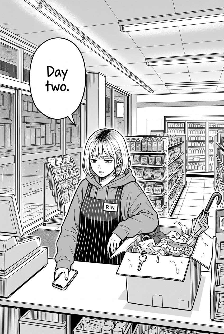 Rin, a young woman with a bob haircut and a store apron, stands behind a counter in a convenience store, holding a phone and looking at a cardboard box overflowing with miscellaneous items, while a speech bubble in the upper left corner reads, "Day two."