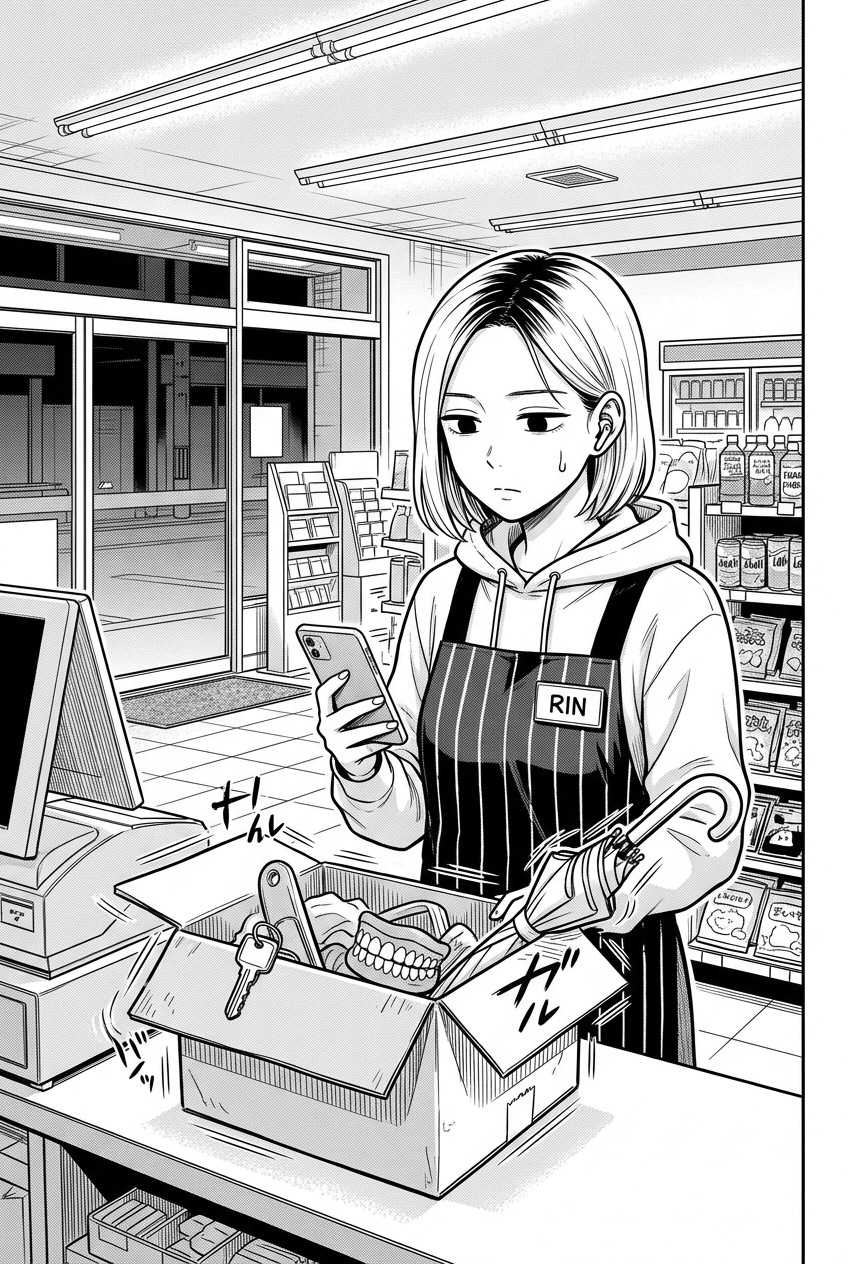 Rin, wearing a store apron over a hoodie, stands behind a counter in a convenience store, looking down at a cardboard box filled with various items while holding a phone in her left hand and an umbrella in her right.