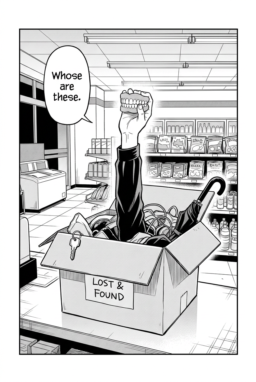 A male arm extends out of an open cardboard box labeled "LOST & FOUND" and holds up a pair of dentures; the box also contains an umbrella and a key.