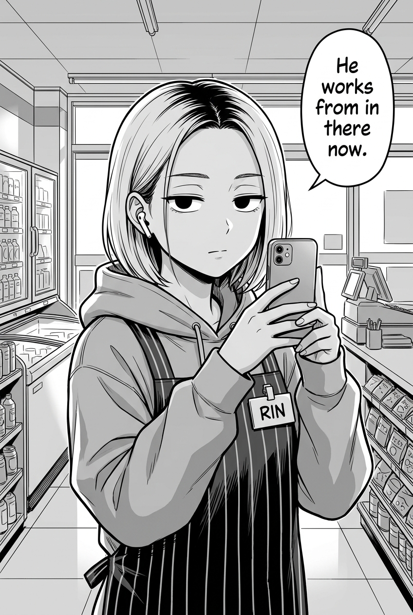 Rin, a young woman with a short light bob and dark roots, stands in a convenience store, wearing a hoodie under a striped apron with a name tag that reads "RIN", and holds up a phone with both hands as if filming, with a single earbud in her right ear and a deadpan expression, as a speech bubble above her right shoulder says, "He works from in there now."