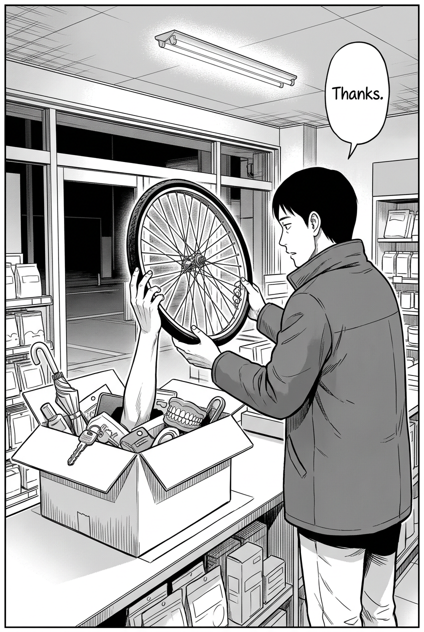 A man in a dark jacket is accepting a bicycle wheel from a disembodied arm reaching out of an open cardboard box filled with various items on a store counter.