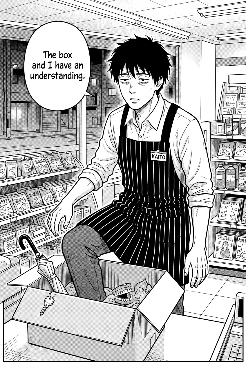 Kaito, a man with messy black hair and an apron, climbs out of a large cardboard box that contains an umbrella, a key, and a set of false teeth, in what appears to be a convenience store.
