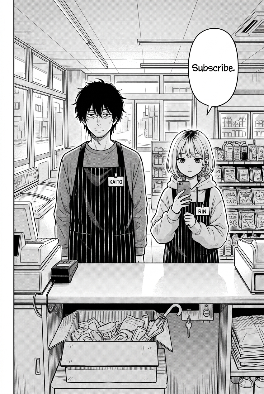Kaito and Rin stand behind a convenience store counter, both wearing striped aprons, with Kaito looking forward with a neutral expression and Rin holding up her phone while looking towards the viewer with one earbud in, as a speech bubble above Rin says, "Subscribe."