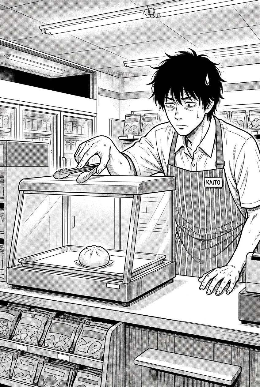 Kaito Mori, a young man with messy black hair and eyebags, wearing a striped store apron with a name tag that reads KAITO, reaches with tongs towards a glass warming case holding a single round meat bun, his face looking tense with a bead of sweat near his temple.