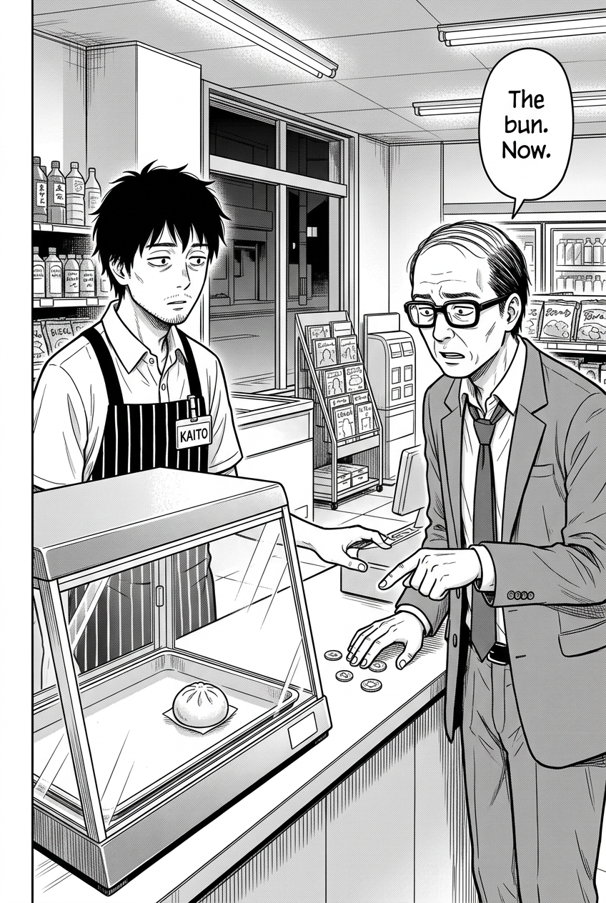 A tired-looking Kaito, wearing a store apron with his name tag, stands behind a counter where a salaryman in a suit is pointing impatiently at a single bun inside a warming case.