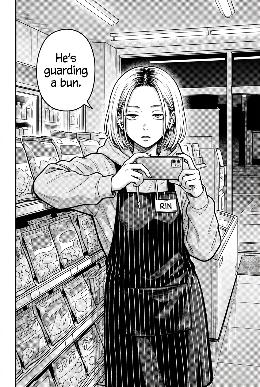 Rin, a young woman with a short bob and dark roots wearing a striped apron over a hoodie, holds up her phone horizontally to film, leaning against a store shelf stocked with bags of snacks, with a bored expression.
