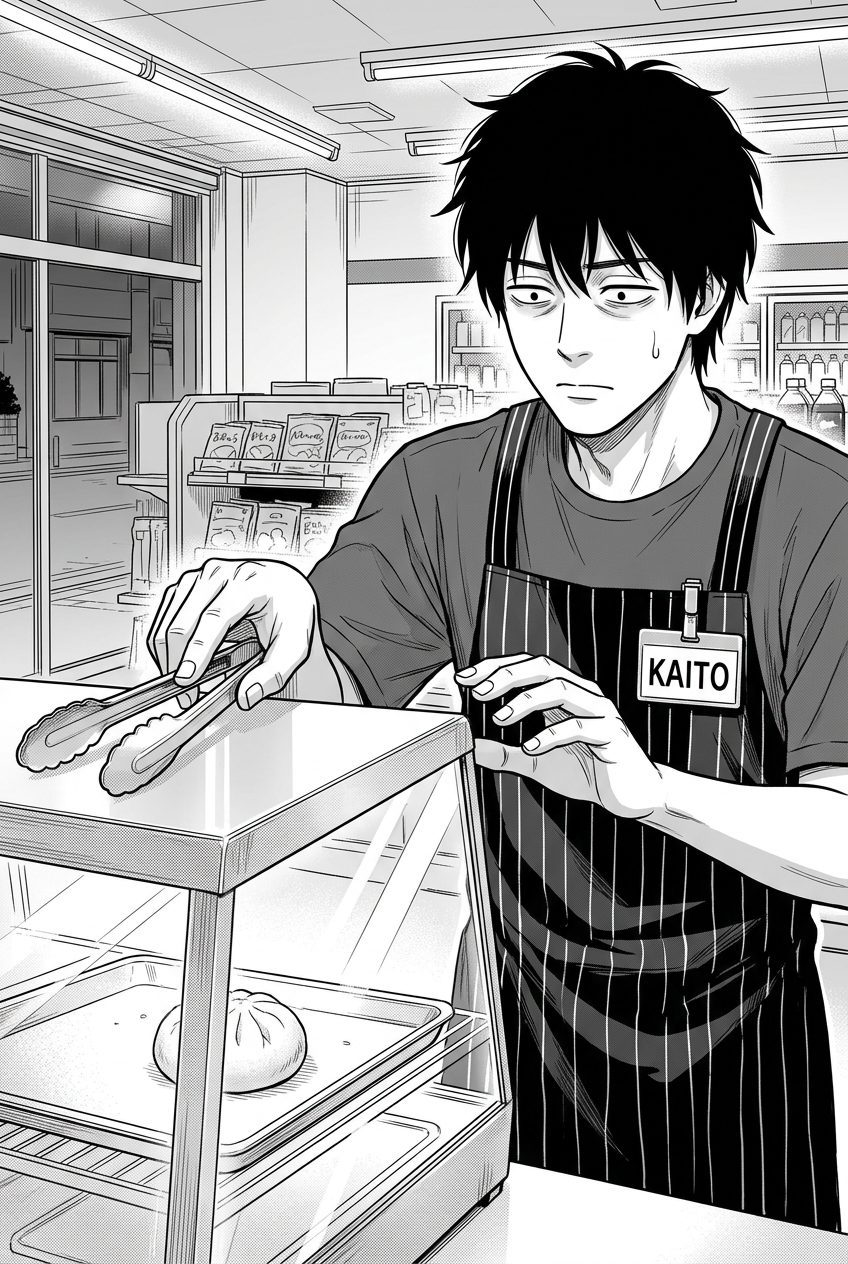 Kaito, a tired-looking man with messy black hair wearing a striped apron with a nametag, stands in a convenience store, holding tongs over a glass warming case that contains a single steamed bun.