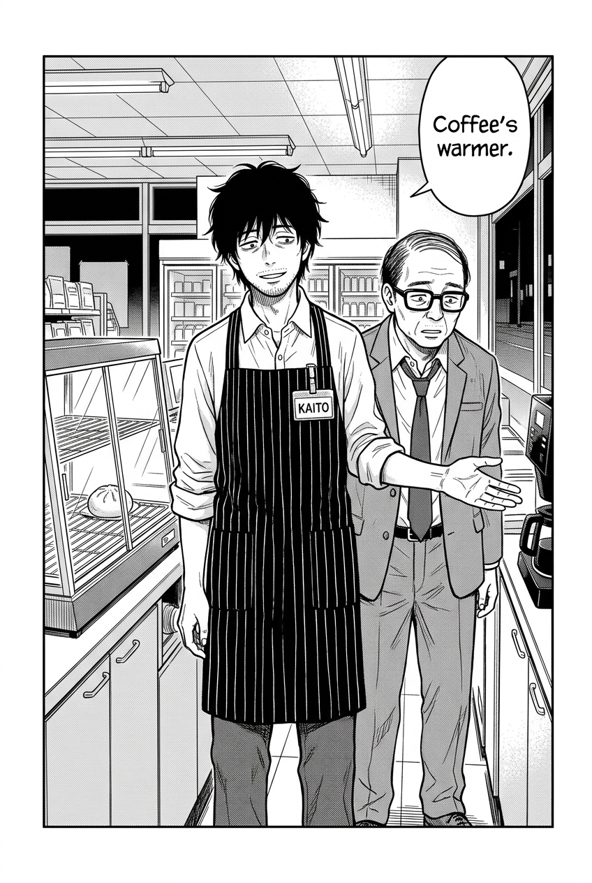 Kaito, a man with messy dark hair and an apron that says KAITO, gestures with one open hand toward a coffee machine, while a tired-looking salaryman in a suit and glasses stands beside him, looking toward the coffee machine as well.