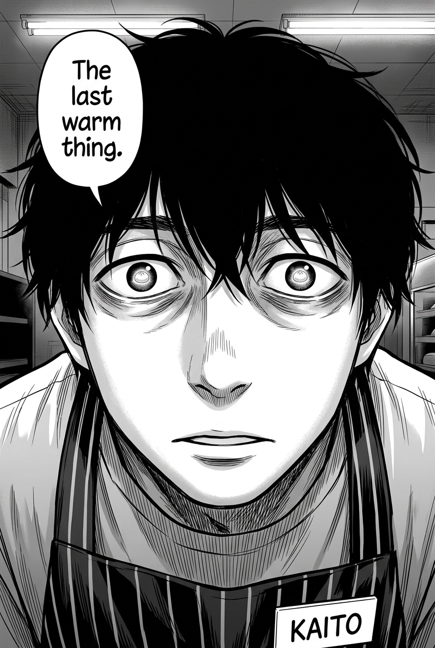 Kaito looks forward with wide, bloodshot eyes, his black hair messy, as he wears a striped apron with a name tag that reads "KAITO" at the bottom.