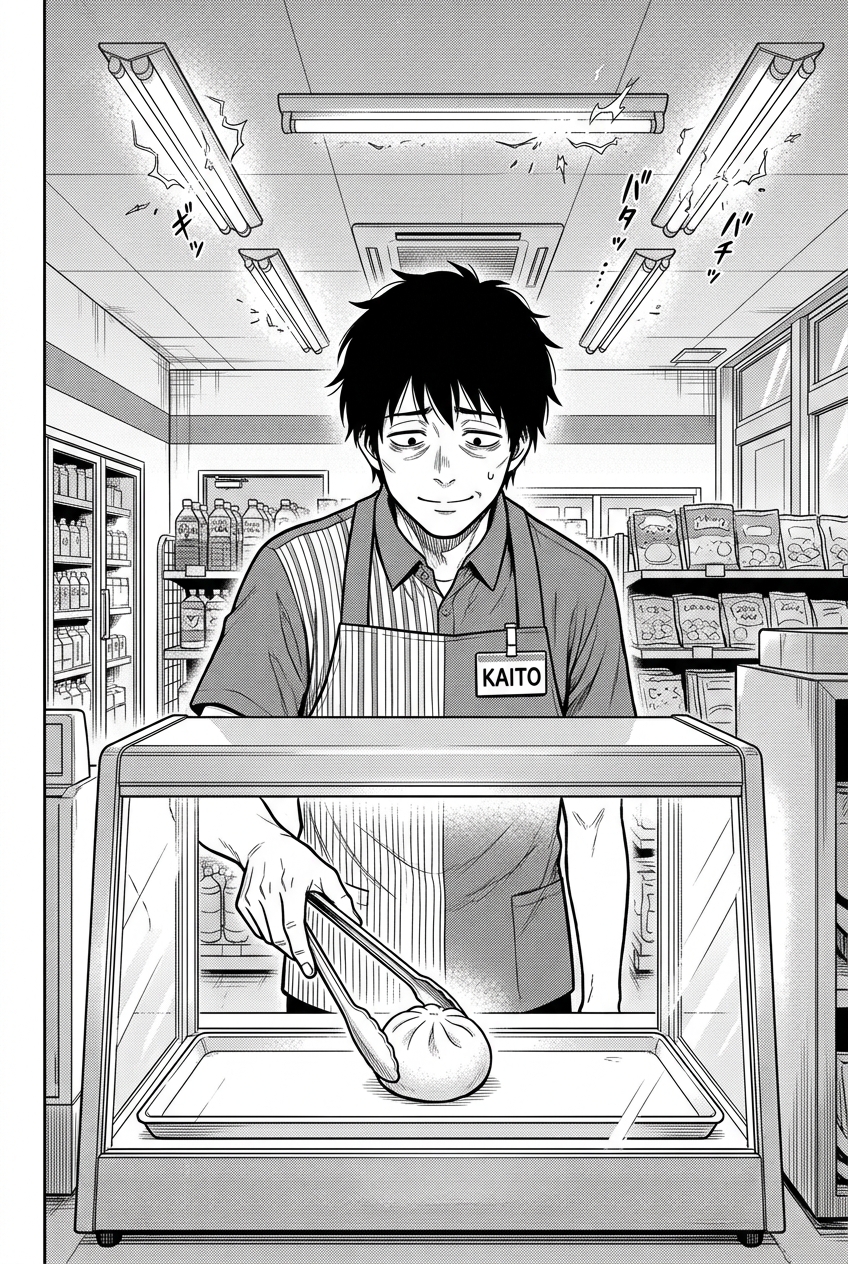 Kaito, a male clerk with tired eyes and a name tag that reads "KAITO" on his apron, uses tongs to pick up a single steamed bun from a glass warming case inside a brightly lit convenience store where the fluorescent ceiling lights are flickering.
