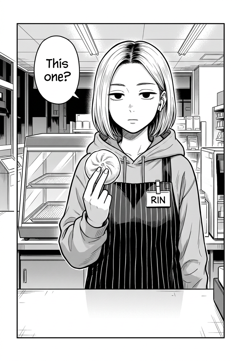 A young woman named Rin, with a short light bob and a name tag reading "RIN" on her apron, holds up a round bun between two fingers while looking forward with a flat expression inside a store.