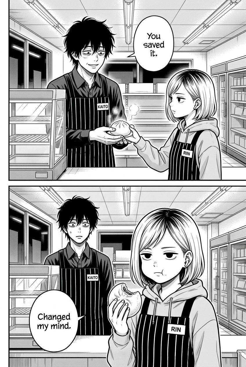 Kaito smiles gently while receiving a steaming bun from Rin, who wears an apron, but then Rin takes the bun back, having already bitten into it, with a flat expression as Kaito looks on in surprise.