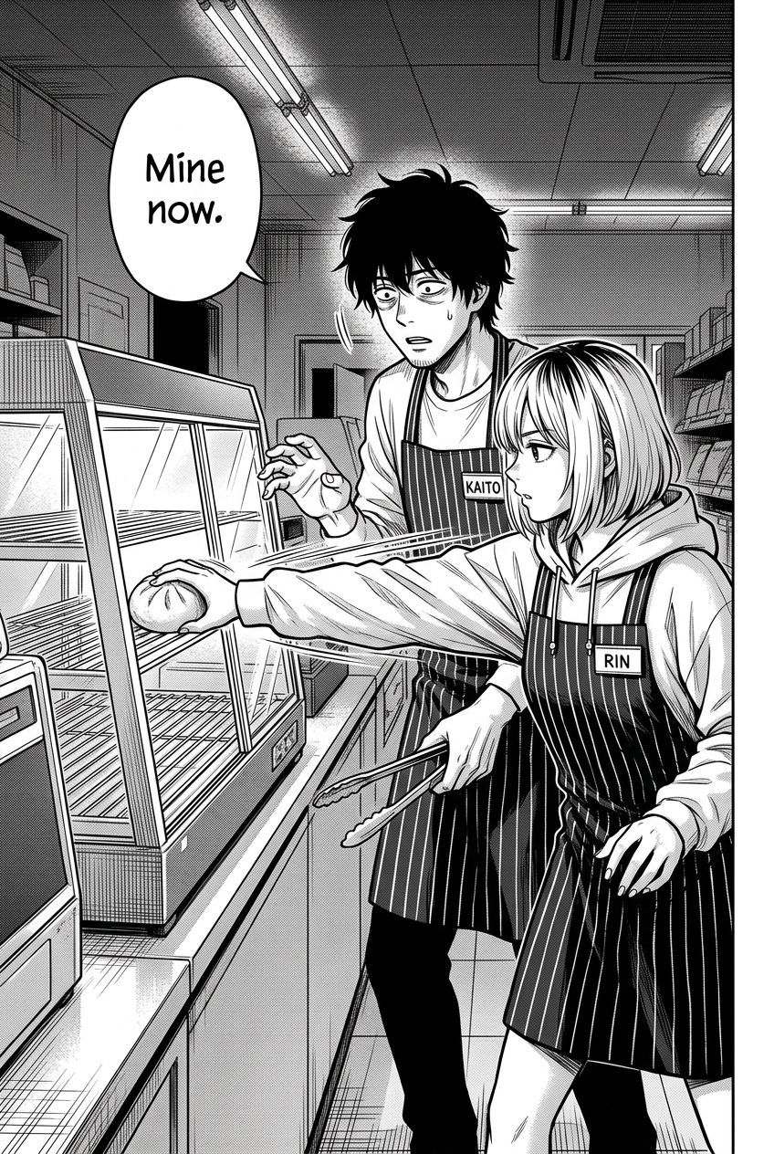 Kaito looks on in shock as Rin snatches a bun from a display case, saying, "Mine now."