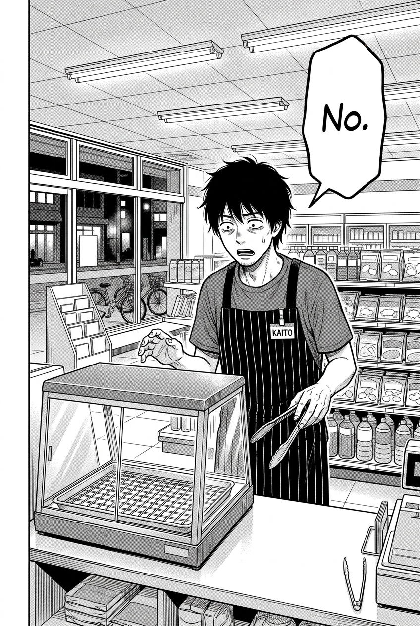 Kaito, a man with messy black hair and eyebags wearing a striped apron with a name tag that reads "KAITO," stands behind a store counter, staring with wide eyes and an open mouth into an empty glass warming case, holding tongs in one hand, with a speech bubble above his head that says, "No."
