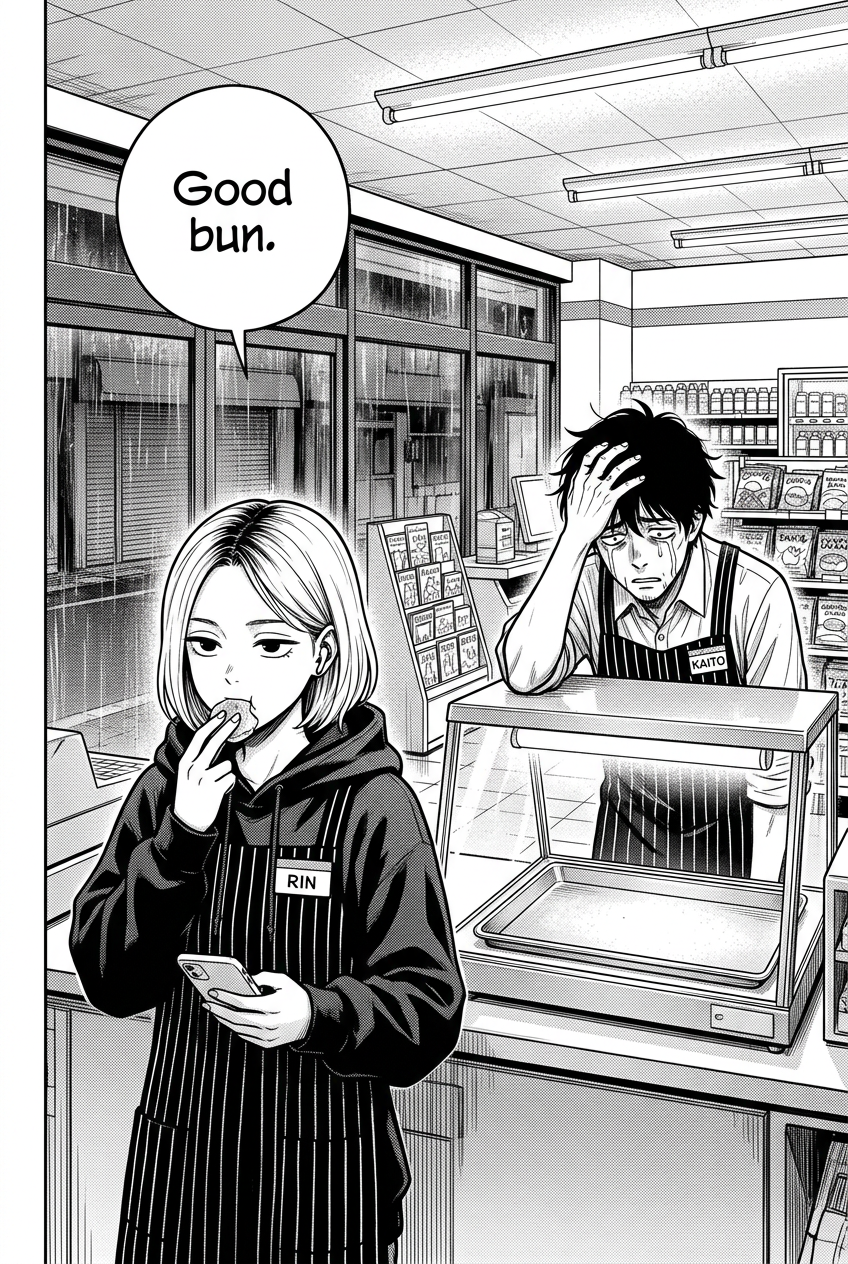 Rin, a young woman with a short bob, stands in the foreground, eating the last bite of a bun and holding a phone, while Kaito, a man with messy dark hair, stands behind a counter in the background, crying with his hand on his head as he looks at an empty display case.