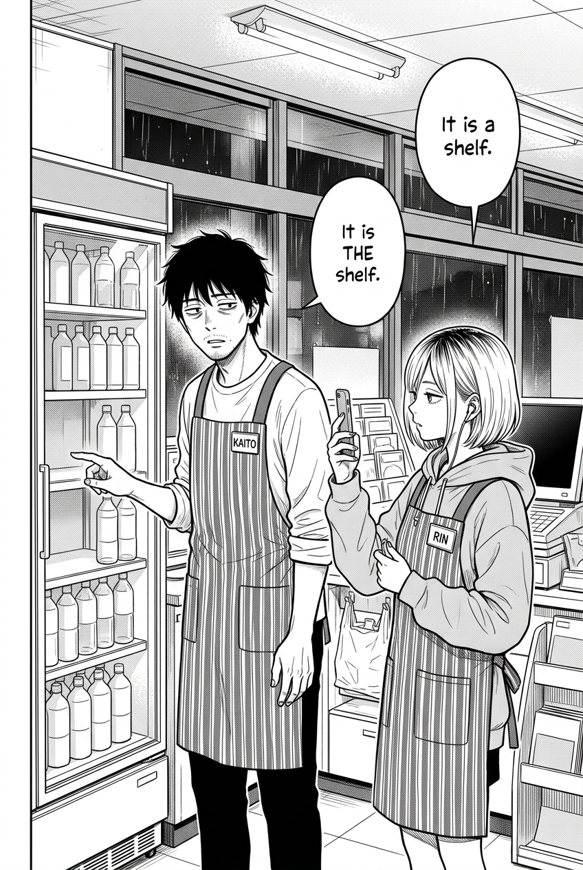 Kaito stands to the left of a glass-door cooler, pointing at its shelves of plastic bottles, while Rin stands to his right, filming him with her phone and wearing one earbud.