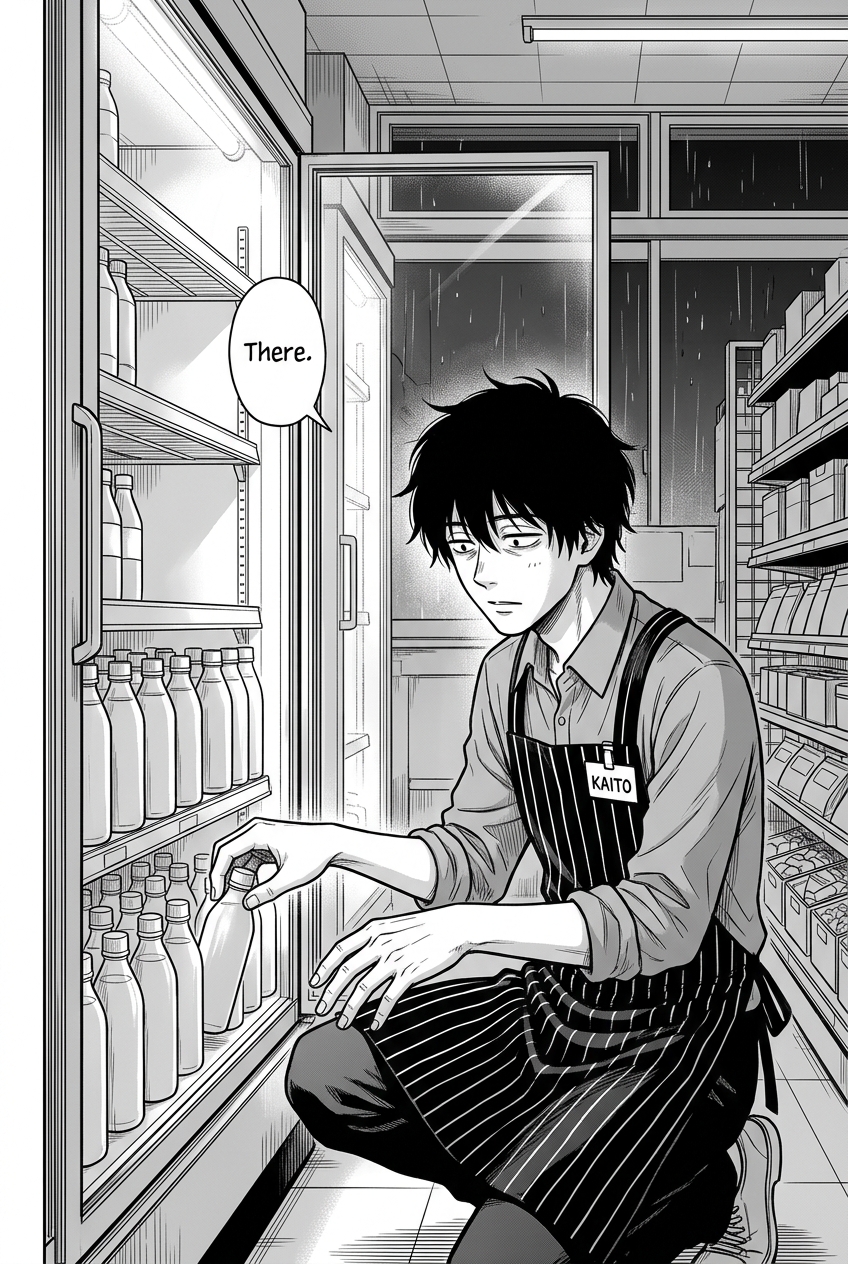 Kaito kneels in a convenience store aisle, placing a bottle onto a shelf inside an open cooler door, with a name tag on his apron that reads "KAITO" and a text bubble above him that says "There.".
