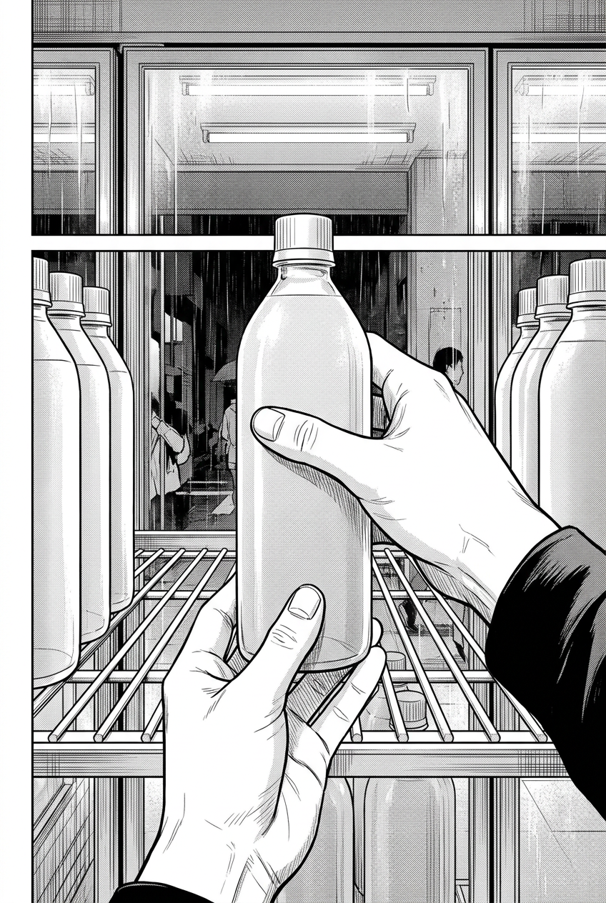 A close-up shows two hands holding a plain bottle with a cap, turning it to face forward on a shelf inside a refrigerated cooler, with more bottles on either side and the reflections of people and lights visible in the glass door of the cooler.