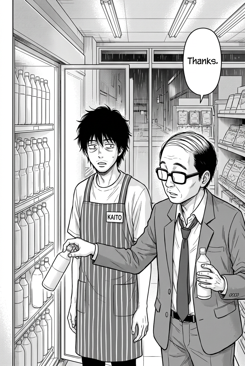 A tired-looking Kaito, wearing a striped apron with a "KAITO" name tag, stands frozen next to an open refrigerated case filled with bottles, while an older man in a rumpled suit reaches past him to grab one of the bottles, leaving an obvious gap.
