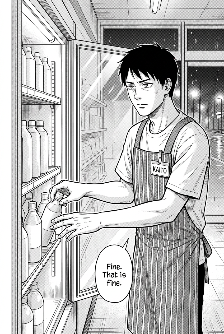 Kaito, a tired-looking young man with dark hair, wears a striped apron with a name tag that reads "KAITO." He is restocking a refrigerator, placing a plain bottle into a shelf, with a speech bubble next to him that says, "Fine. That is fine."