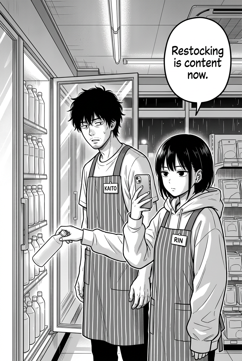 Kaito and Rin are standing in front of an open refrigerator case filled with bottles, both wearing striped aprons with their names on them; Rin holds up her phone to film while Kaito looks at her with a surprised expression.