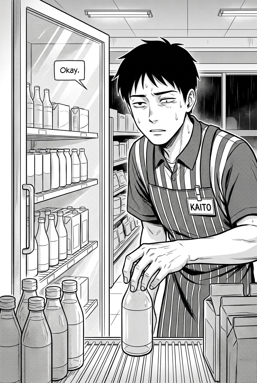 Kaito, a man with short messy black hair and a name tag that reads KAITO, stands in a store, looking exhausted and sweating as he places a bottle onto a shelf in a partially stocked glass-fronted cooler.