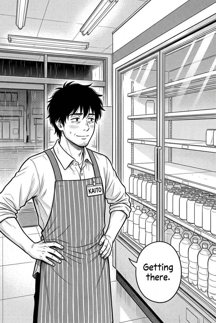 Kaito, a man with messy black hair and a striped apron, stands with his hands on his hips, looking at a glass-fronted cooler partially filled with drinks, as he says, "Getting there."