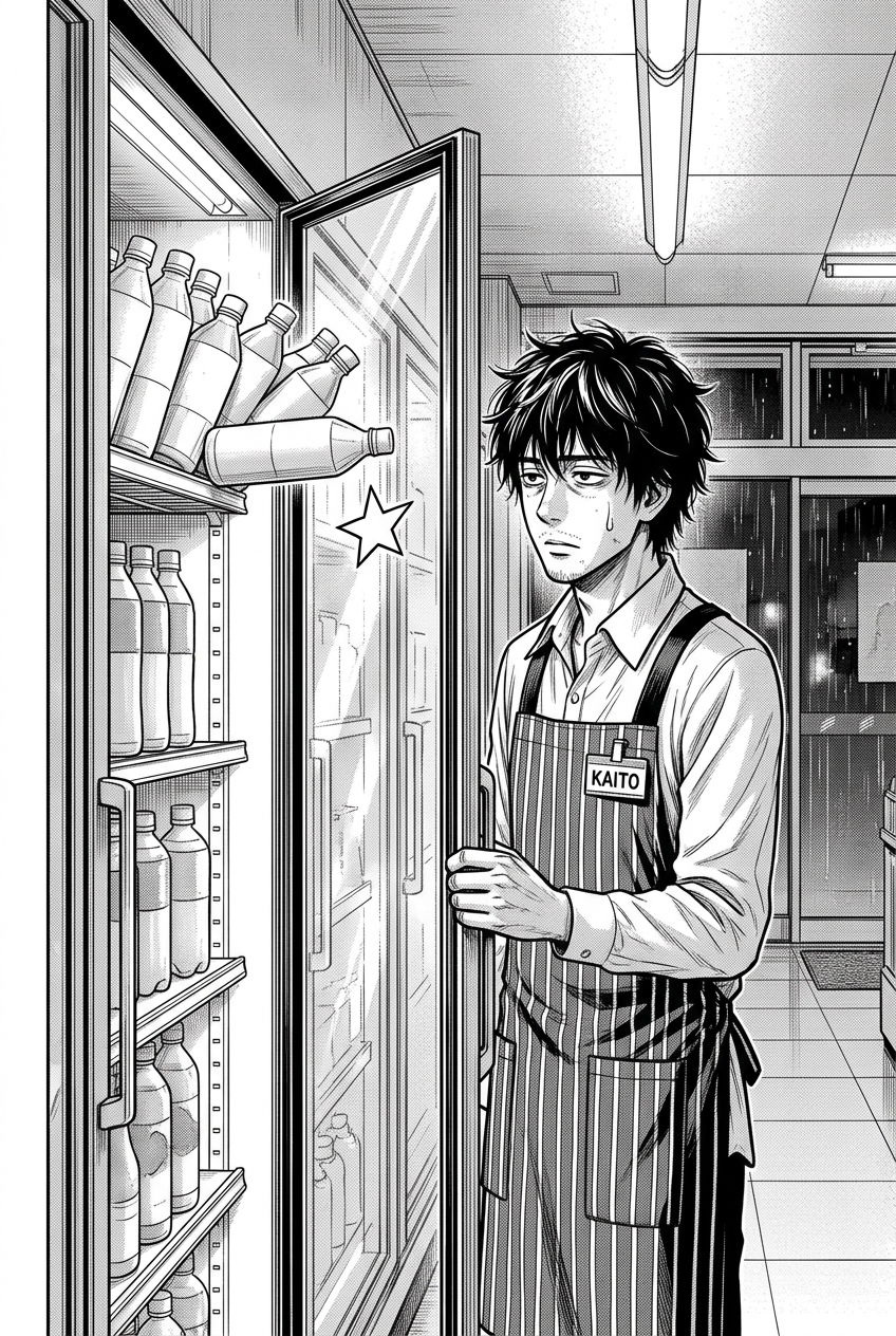 Kaito opens a tall glass refrigerator door, revealing many identical plain bottles inside, one of which has fallen horizontally, and he looks on with a single sweat drop on his temple.