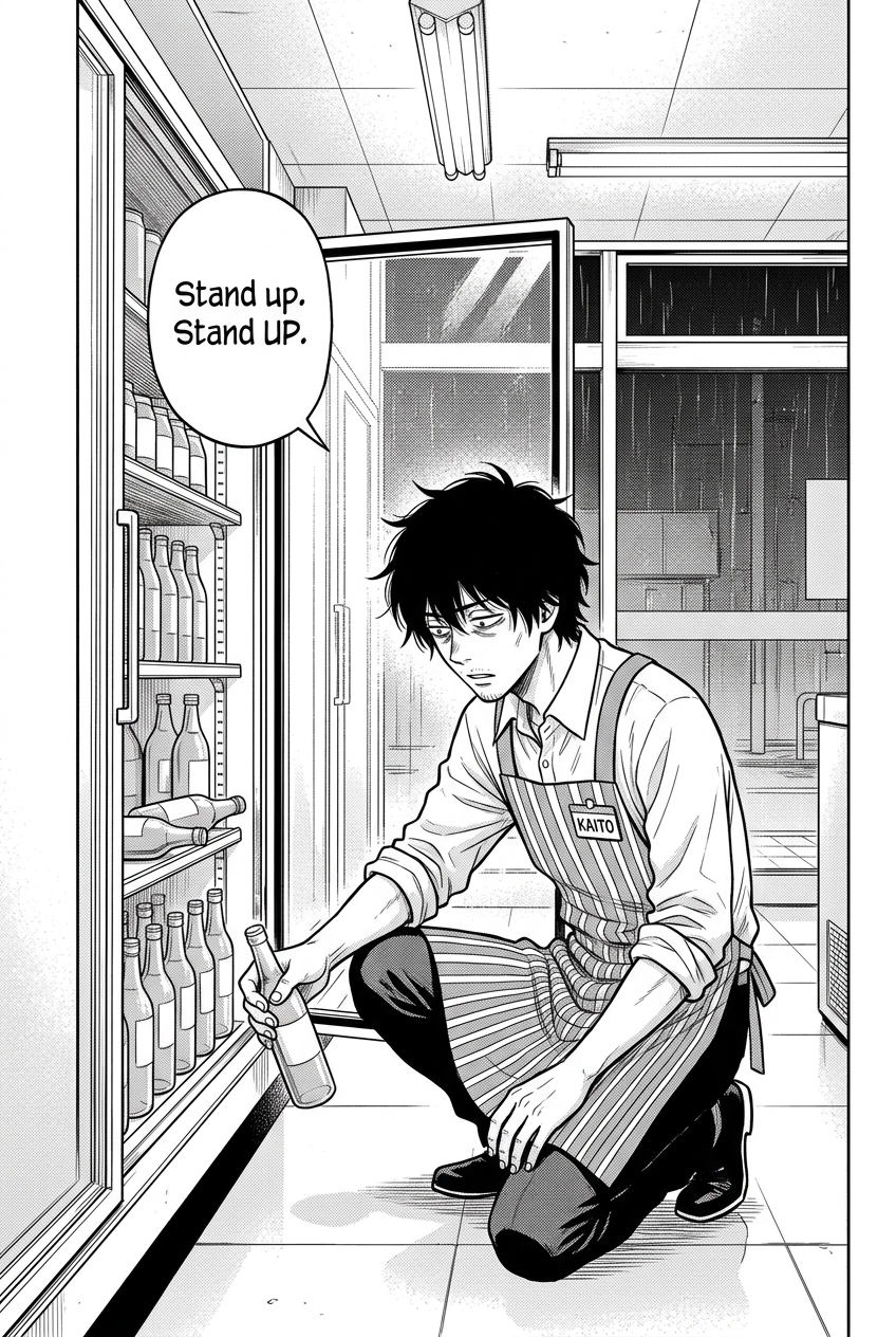 Kaito kneels in front of an open glass-doored cooler filled with bottles, wearing a striped apron with a name tag that reads "KAITO", and he looks down at his hands as he holds one of the bottles.