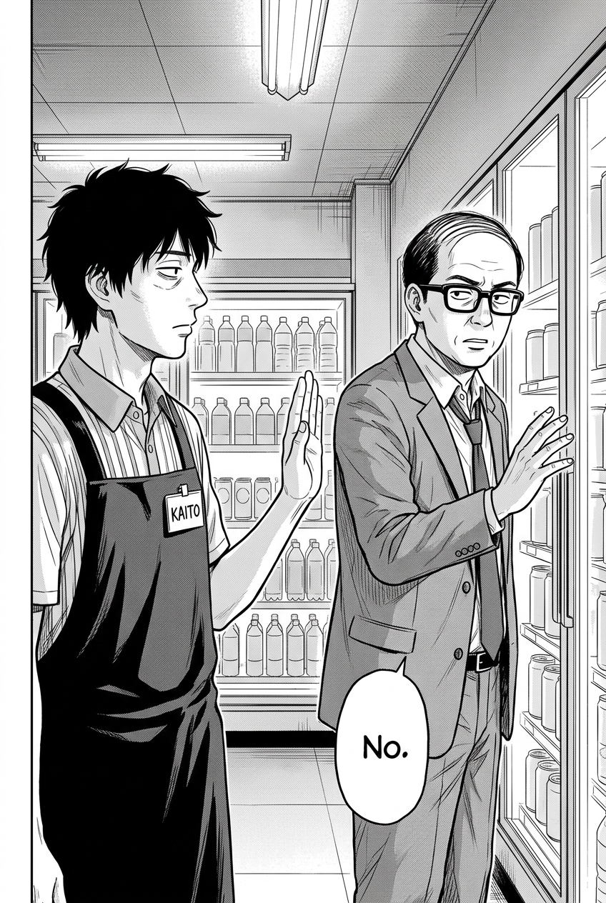 Kaito, wearing a store apron with a "KAITO" name tag, stands facing right with his left hand raised in a stop gesture, while a man in a suit with glasses reaches out towards a cooler, looking mildly annoyed, with a speech bubble that says "No.".