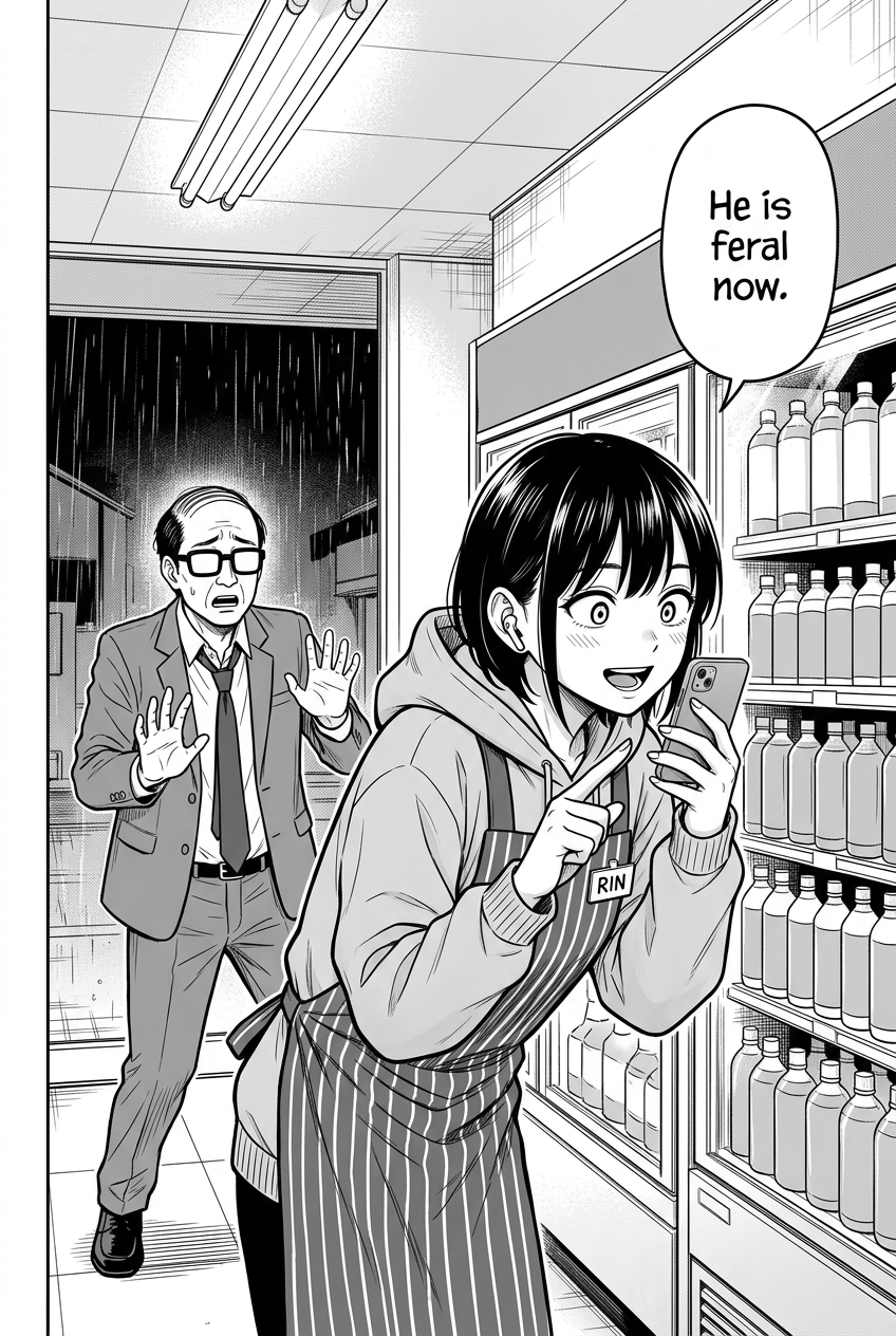 A man in a suit backs away with his hands up, looking shocked, while Rin, a young woman in an apron, looks at her phone with wide, excited eyes, pointing at the screen.