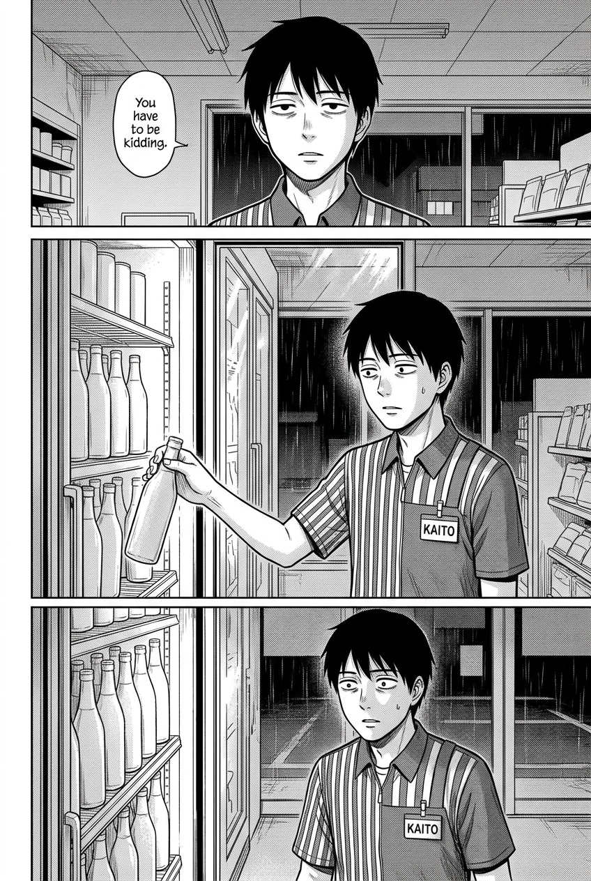 Kaito stands inside a convenience store looking dismayed, first staring out into the rainy night, then reaching into a cooler for a bottle, and finally staring down at the bottles in the cooler with wide eyes.
