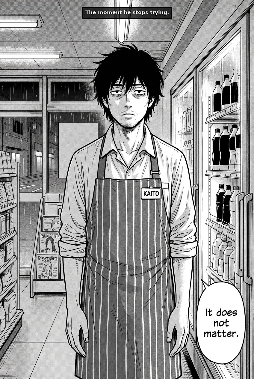 Kaito stands perfectly still, with his arms at his sides and his head slightly downcast, looking at the cooler of bottled drinks, inside a brightly lit convenience store.