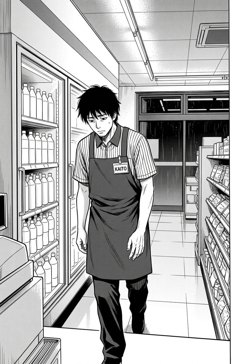Kaito walks away from a partially empty refrigerated display case, his shoulders slumped as he faces slightly away from the viewer, looking toward the dark windows of the store.