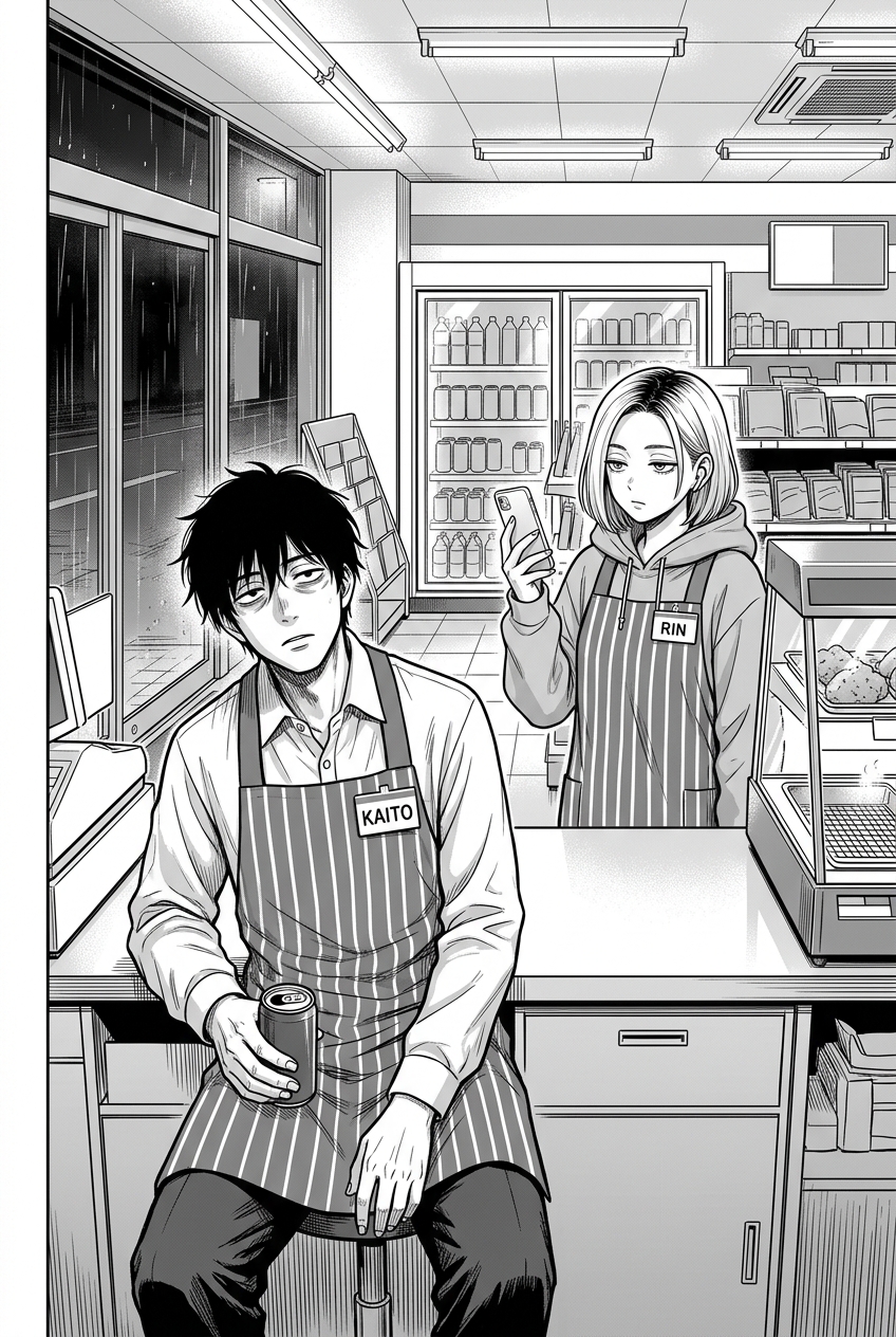 Kaito sits behind a counter in a convenience store, looking exhausted while holding a canned drink, as Rin stands behind him looking at her phone.