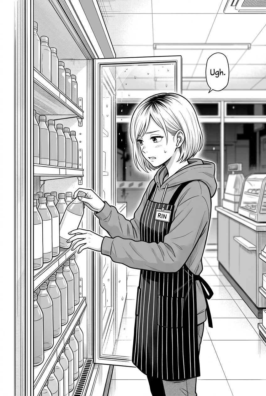 Rin, a young woman with a short bob and an apron, stands in a convenience store, awkwardly placing a bottle on a shelf inside a glass-doored cooler.