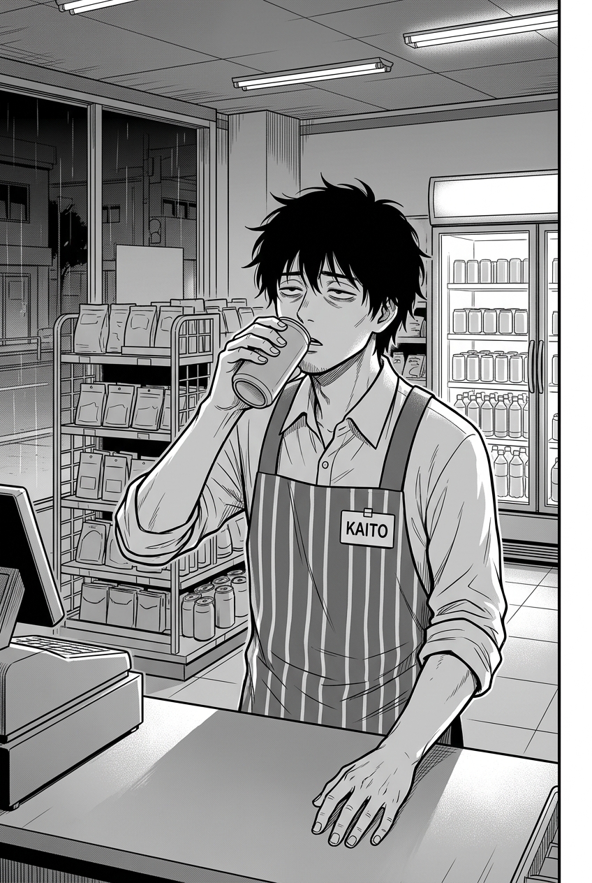 A man named Kaito, wearing a striped apron, stands behind a counter in a convenience store at night, drinking from a can with half-closed eyes and a tired expression.