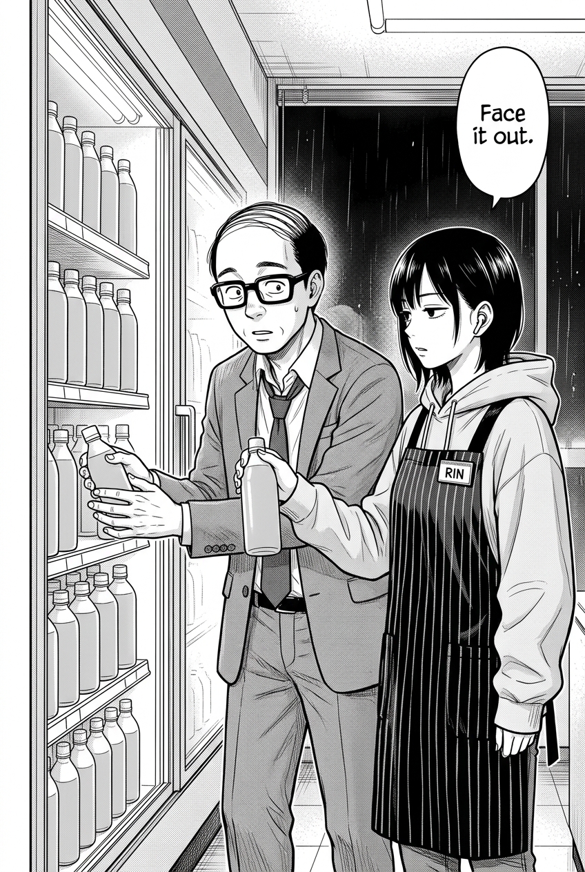 A man in a suit wearing thick black-framed glasses and a woman wearing a striped apron with a name tag that reads "RIN" are standing in front of a refrigerated display case filled with bottles; the man holds two bottles, one in each hand, while the woman extends her hand with a third bottle towards him, and rain is visible through a window behind them.