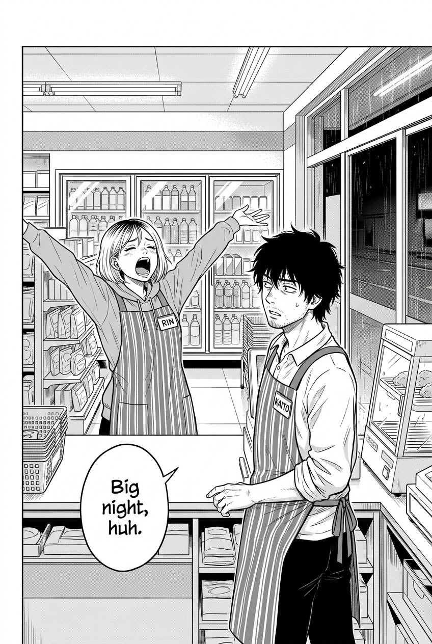 Rin stands behind the counter with both arms stretched high and her mouth open, while Kaito turns toward her with a tired, uneasy look in the convenience store.