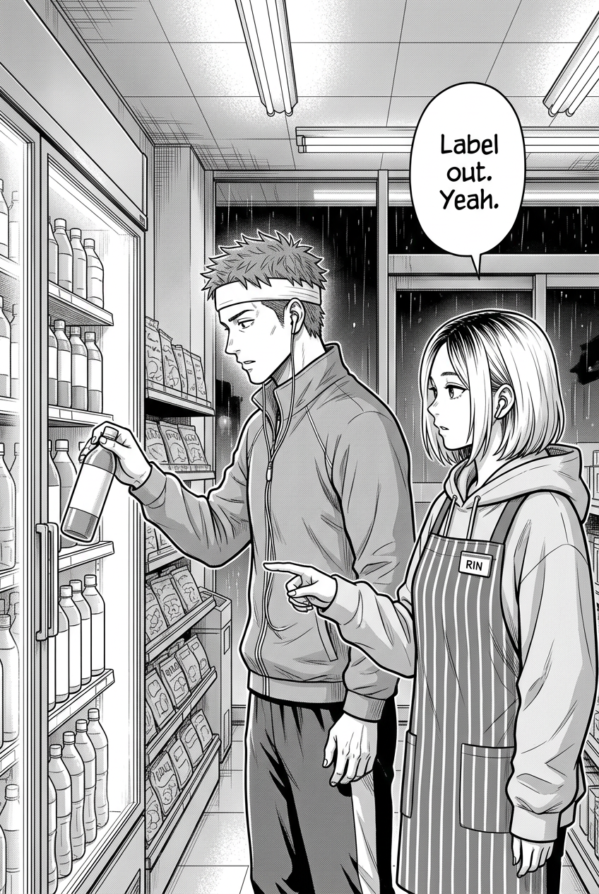 A short-haired man wearing a headband and wired earphones holds a bottle by an open drink cooler while Rin, in a striped apron, points toward the shelf and says, “Label out. Yeah.”