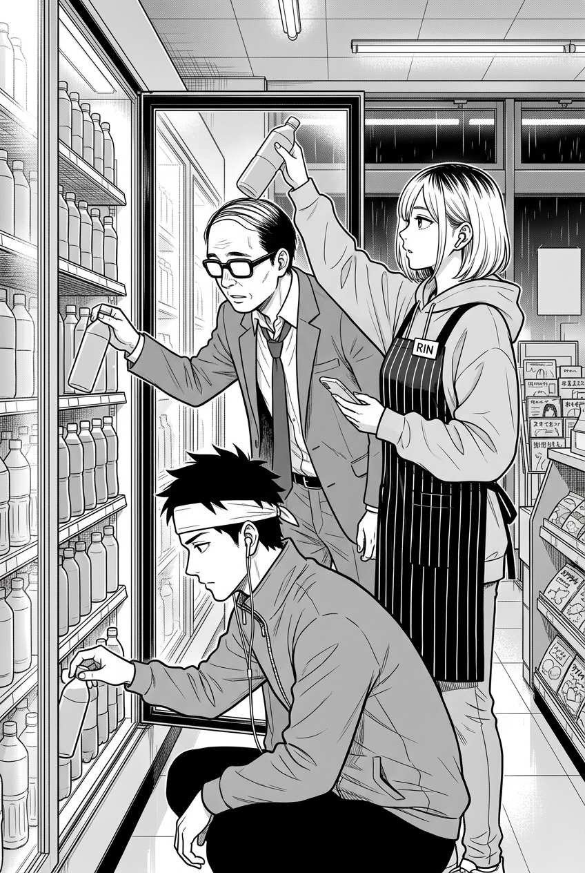 Rin, a bespectacled man in a suit, and a crouching young man place bottles on different shelves of a store cooler.