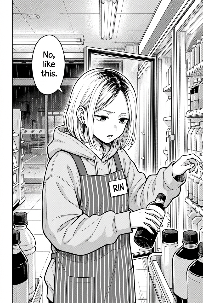 Rin, wearing a hoodie and striped apron, frowns as she reaches into an open cooler and turns a bottle forward while holding another bottle.