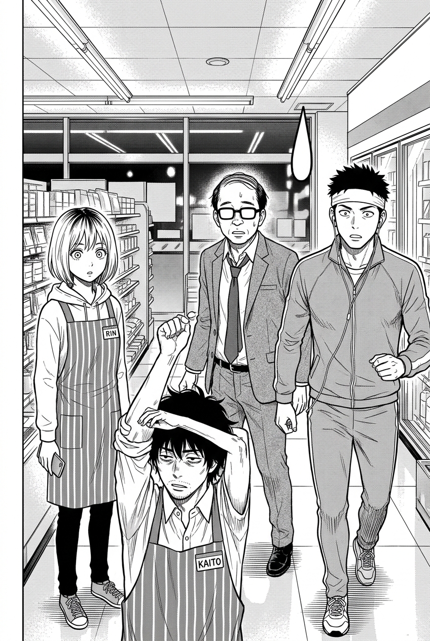 Kaito stretches with both arms raised in the foreground while Rin, a suited man, and a headband-wearing man stand wide-eyed behind him in the store, with a large sweat drop symbol above them.
