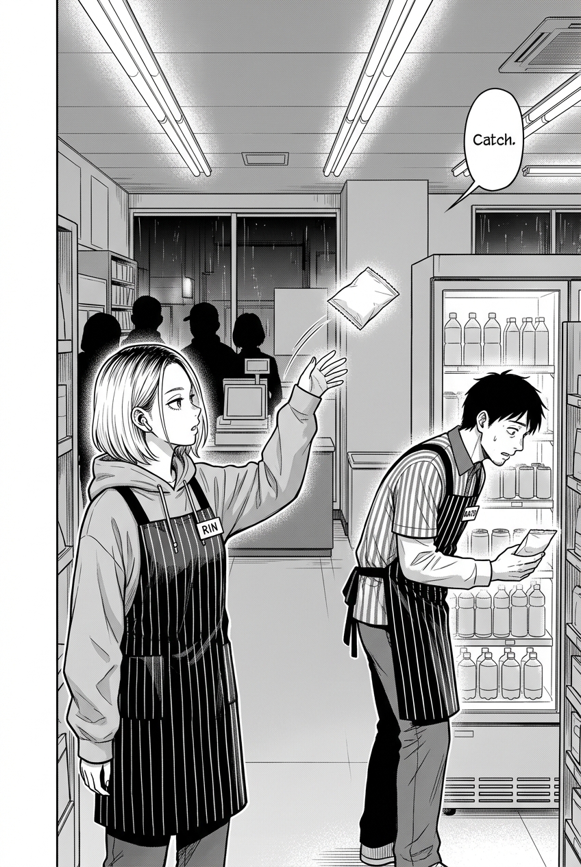 Rin tosses a small packet toward Kaito, who looks down while holding another packet beside an open drinks cooler.