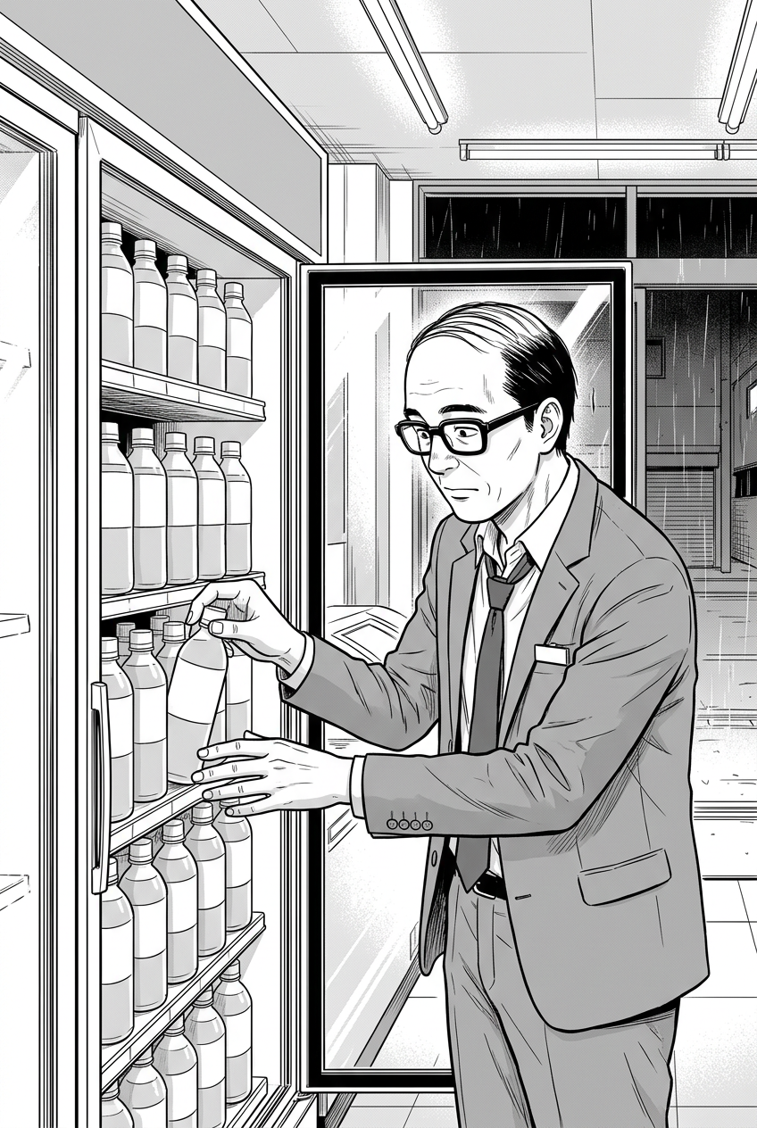 A bespectacled man in a rumpled suit reaches into an open refrigerator, holding a bottle among rows of neatly arranged bottles.