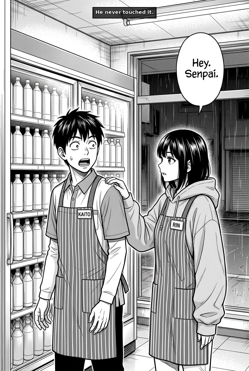 Rin, wearing a hoodie and striped apron, rests a hand on the shoulder of wide-eyed Kaito, who stands beside shelves of bottles in a store.