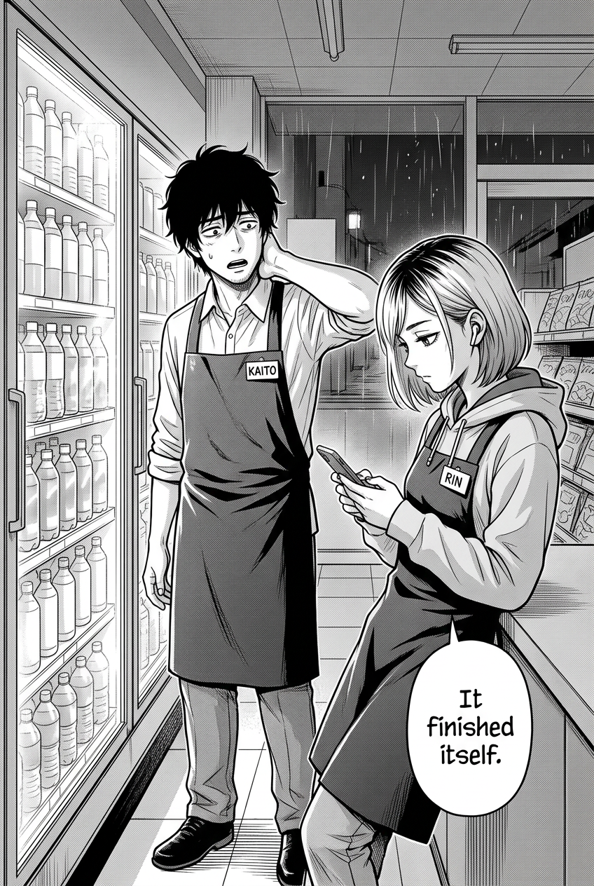 Kaito stands beside the stocked drink cooler with one hand behind his neck and a startled expression while Rin leans against the counter, looking at her phone and saying, “It finished itself.”